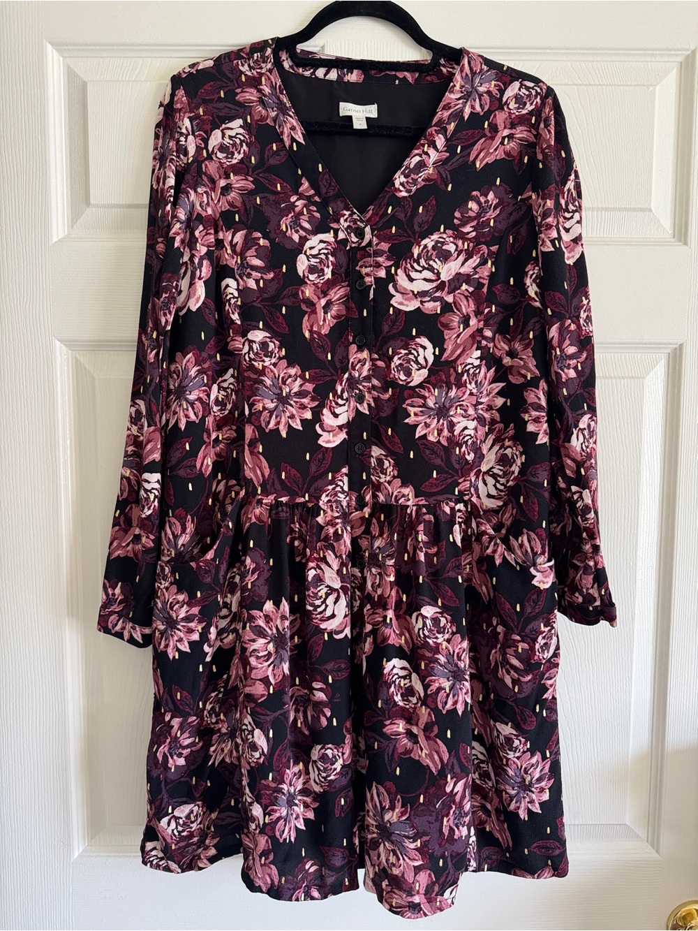 Garnet Hill Dropwaist Button-Up Mini Dress | Size 2 | Black Floral